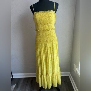 Yellow Pleated Tiered Maxi Dress for Wedding Guest